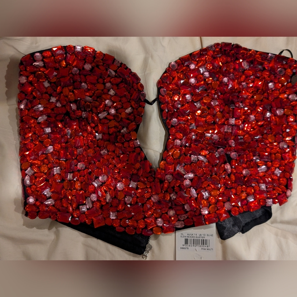Bardot Red Jeweled Strapless Crop Top